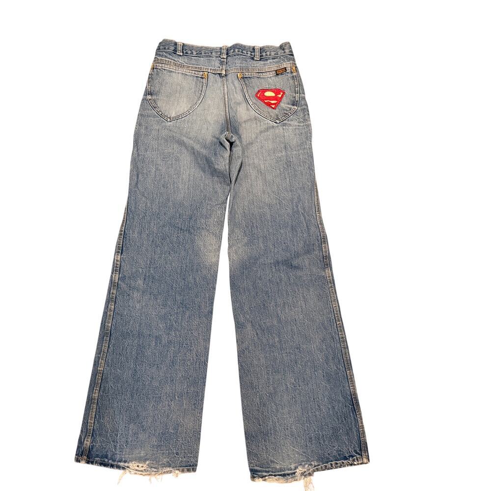 Vintage Rare HASH Wide Leg Bell Bottom High Rise Jeans Superman Patch Y2K 32x36